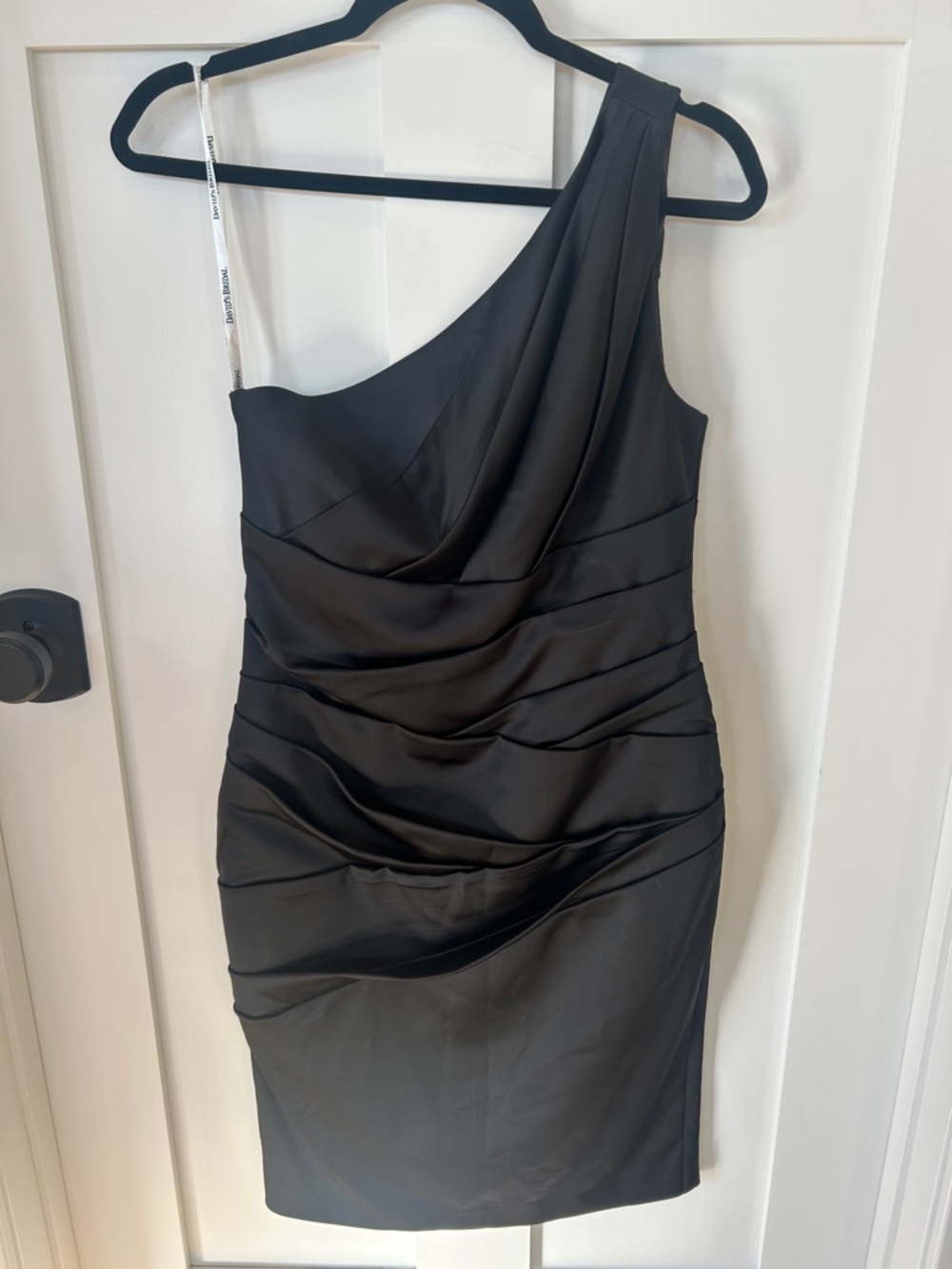 David's Bridal One-Shoulder Black Ruched Cocktail Dress (Size 6)
